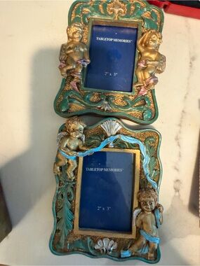 Teal and Gold Cherub Picture Frames - Set of 2